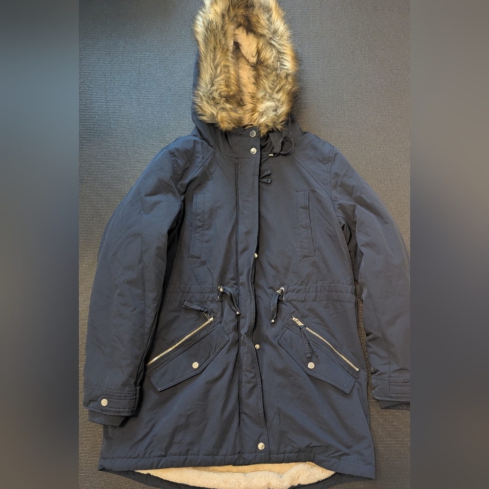 Women's Dark Blue Parka with Faux Fur Hood
